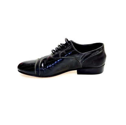 Scarpa uomo BRAD Movida by WISH DANCE in pelle e vernice nera con tacco in legno, stile elegante e moderno.