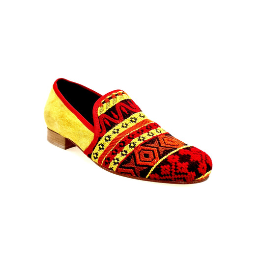 Mocassino uomo Wish Dance Shop MS21 in tessuto fantasia messicana con tallone in camoscio giallo senape e tacco in legno