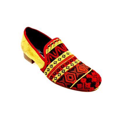 Mocassino uomo Wish Dance Shop MS21 in tessuto con fantasie messicane, tallone in camoscio giallo senape e tacco in legno