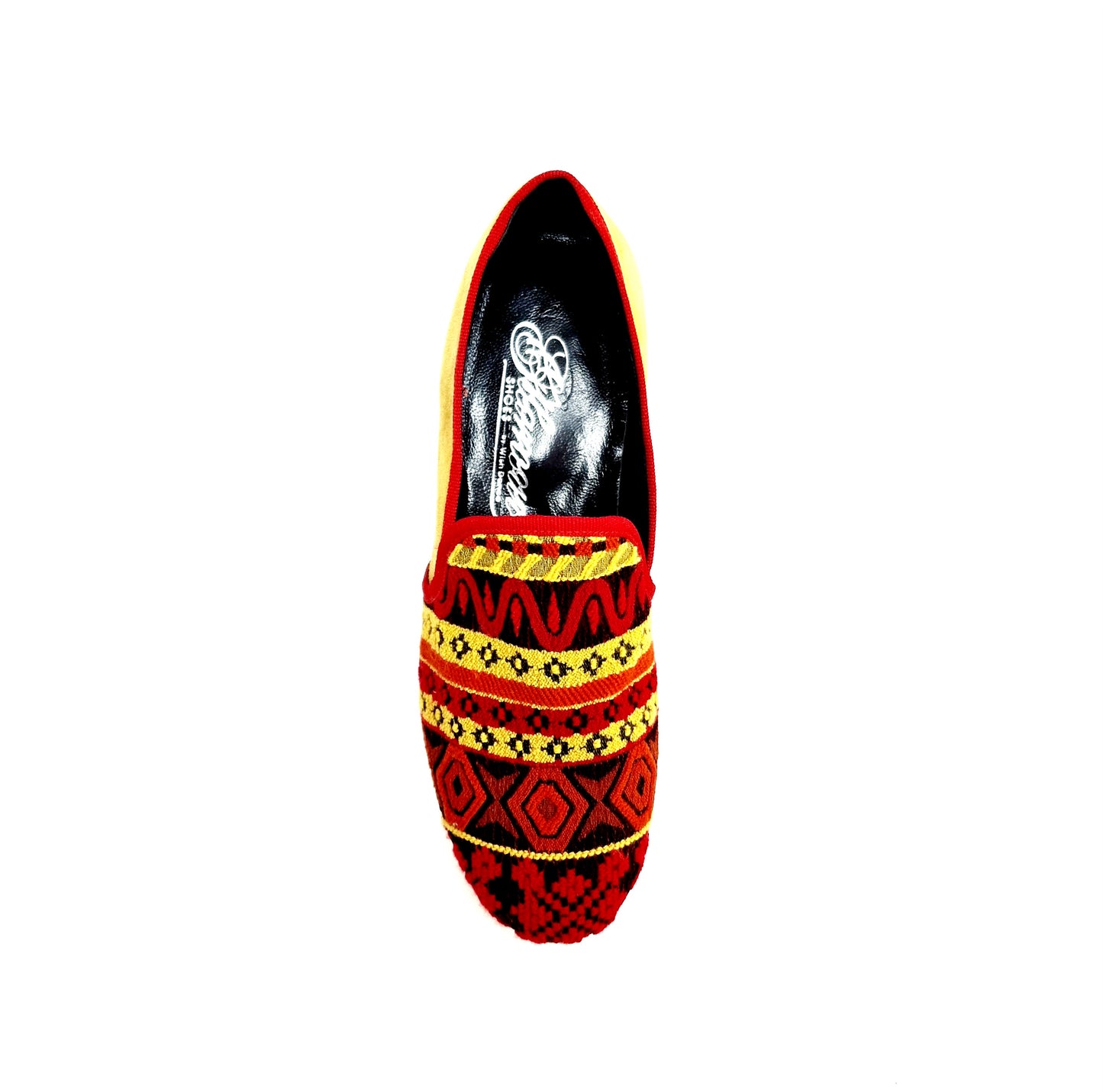 Mocassino uomo Mexican MS21 di Wish Dance Shop, tessuto fantasia, tallone in camoscio giallo senape, tacco in legno.
