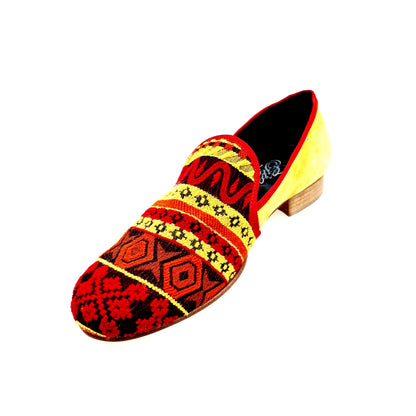 Mocassino uomo Wish Dance Shop MS21 in tessuto con fantasie messicane, tallone in camoscio giallo senape e tacco in legno