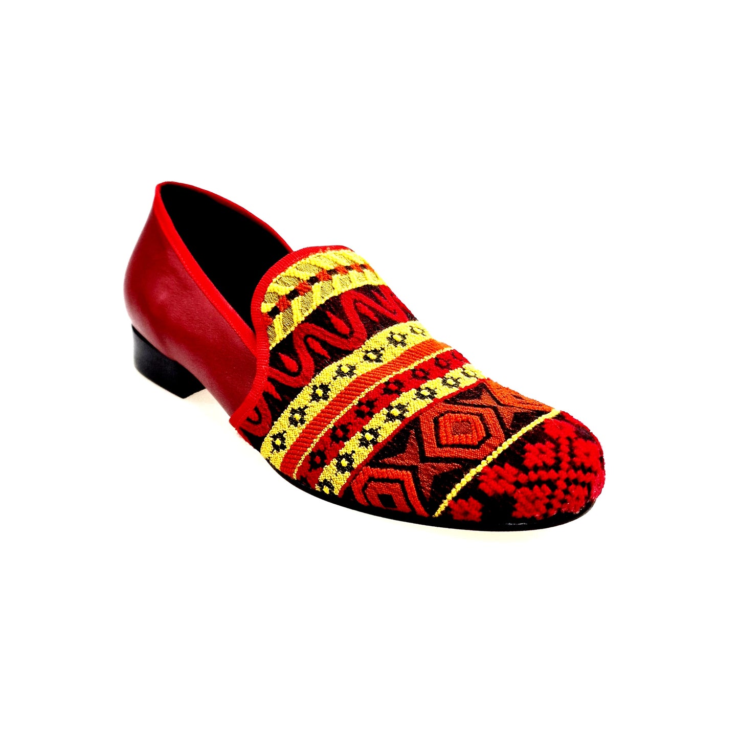 Mocassino uomo Wish Dance Shop MS21 in tessuto con fantasie messicane, tallone in pelle rossa e tacco in legno