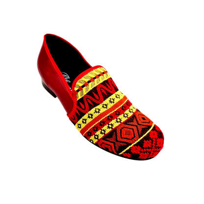 Mocassino uomo Wish Dance Shop MS21 in tessuto con fantasie messicane, tallone in pelle rossa e tacco in legno.