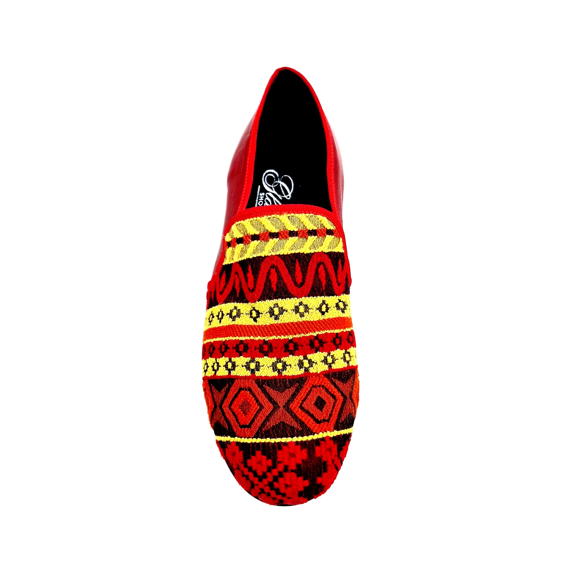 Mocassino uomo Mexican MS21 in tessuto fantasia con tallone in pelle rossa e tacco in legno, stile messicano.