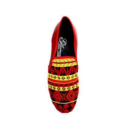 Mocassino uomo Mexican MS21 in tessuto con fantasie messicane, tallone in pelle rossa e tacco in legno, stile casual elegante