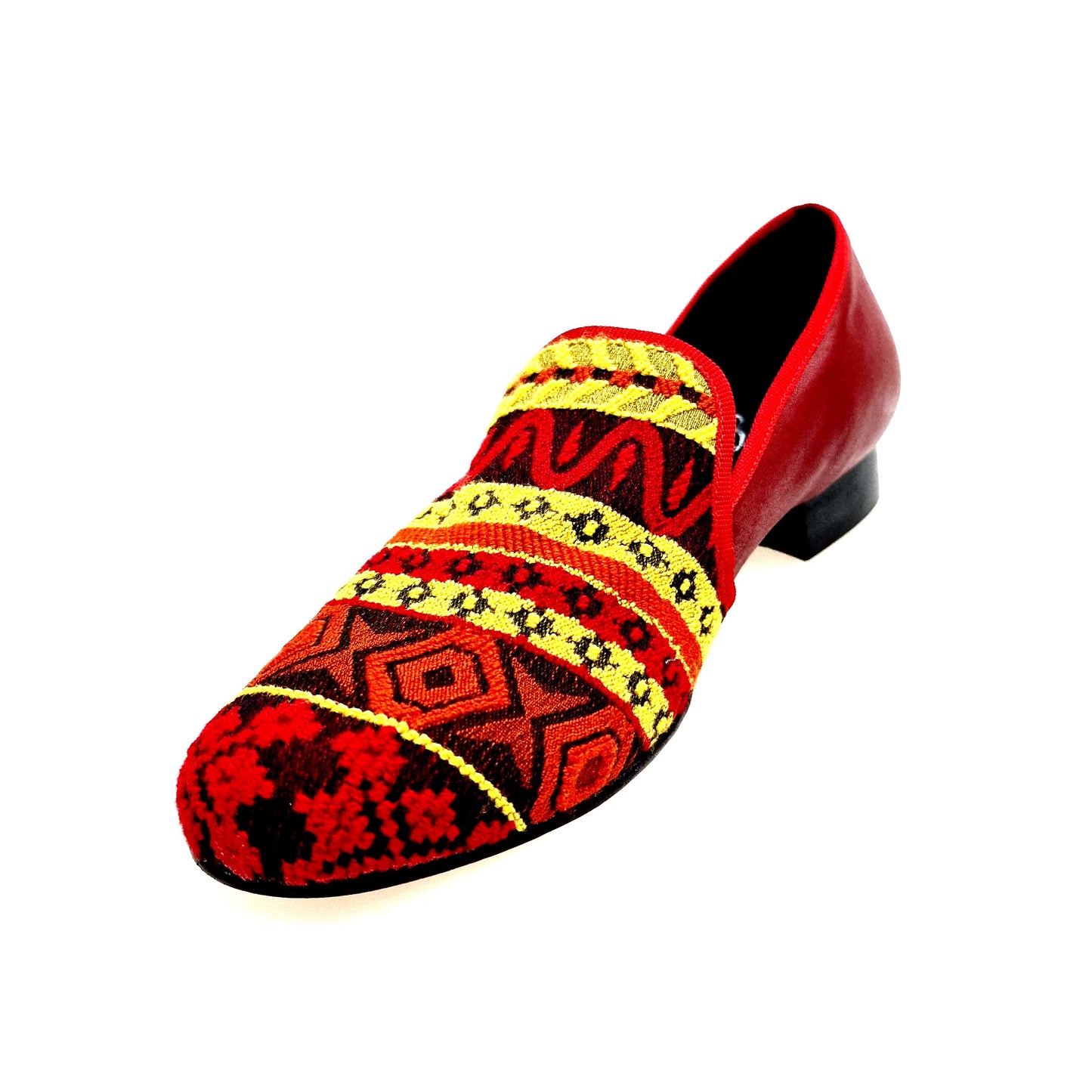 Mocassino uomo Mexican MS21 con tessuto fantasia, tallone in pelle rossa e tacco in legno, scarpe Wish Dance Shop