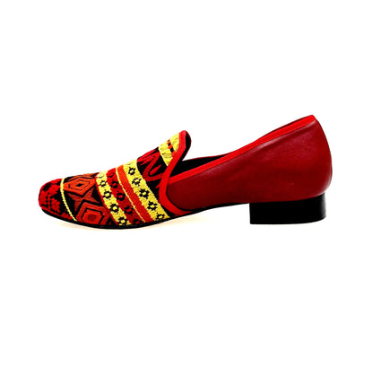 Mocassino uomo Mexican MS21 con tessuto fantasia, tallone in pelle rossa e tacco in legno, scarpe Wish Dance Shop