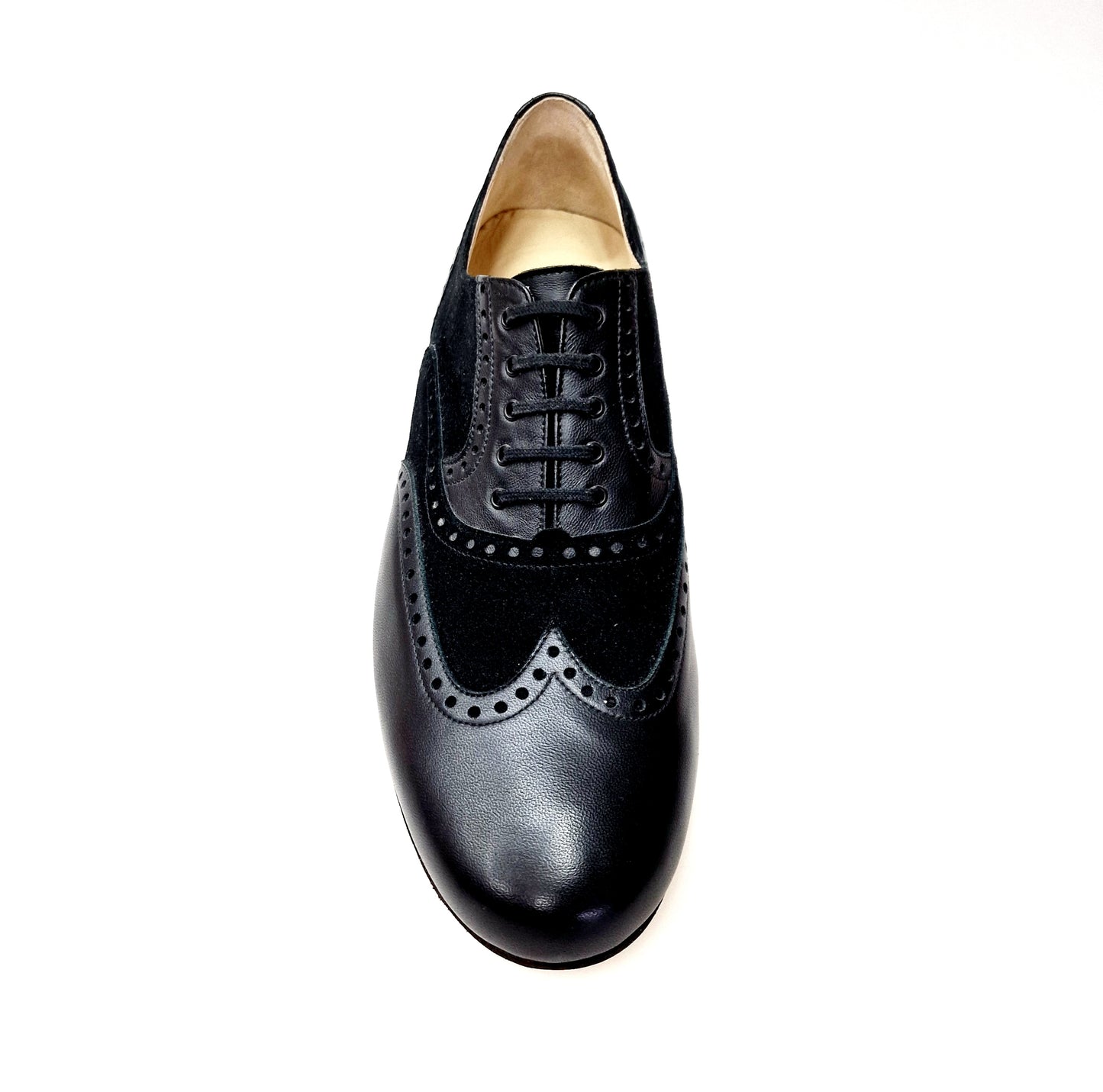 Scarpe stringate Adolfo Chicago Forata in pelle e camoscio nero, con suola divisa e dettagli forati, stile Oxford.