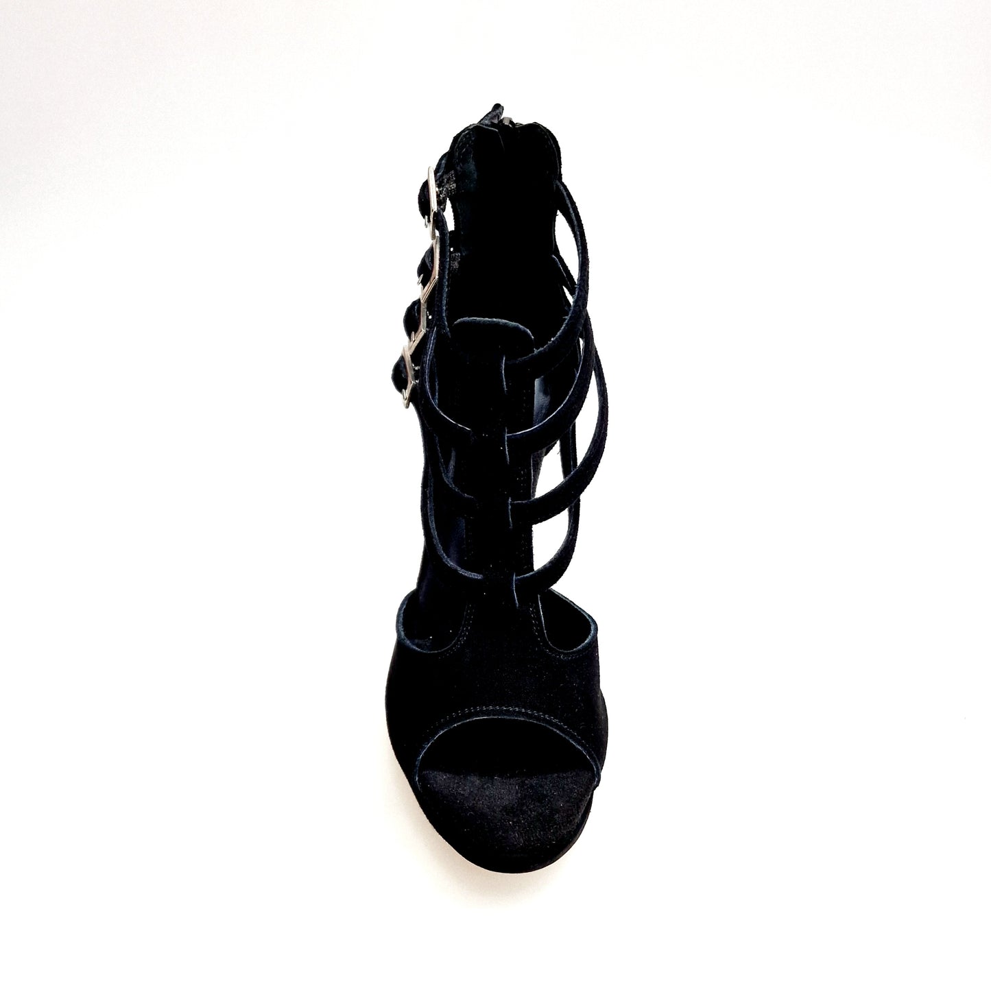 Scarpa da donna in camoscio nero con plateau e tacco a spillo, scarpa elegante Wish Dance Shop, vista frontale.
