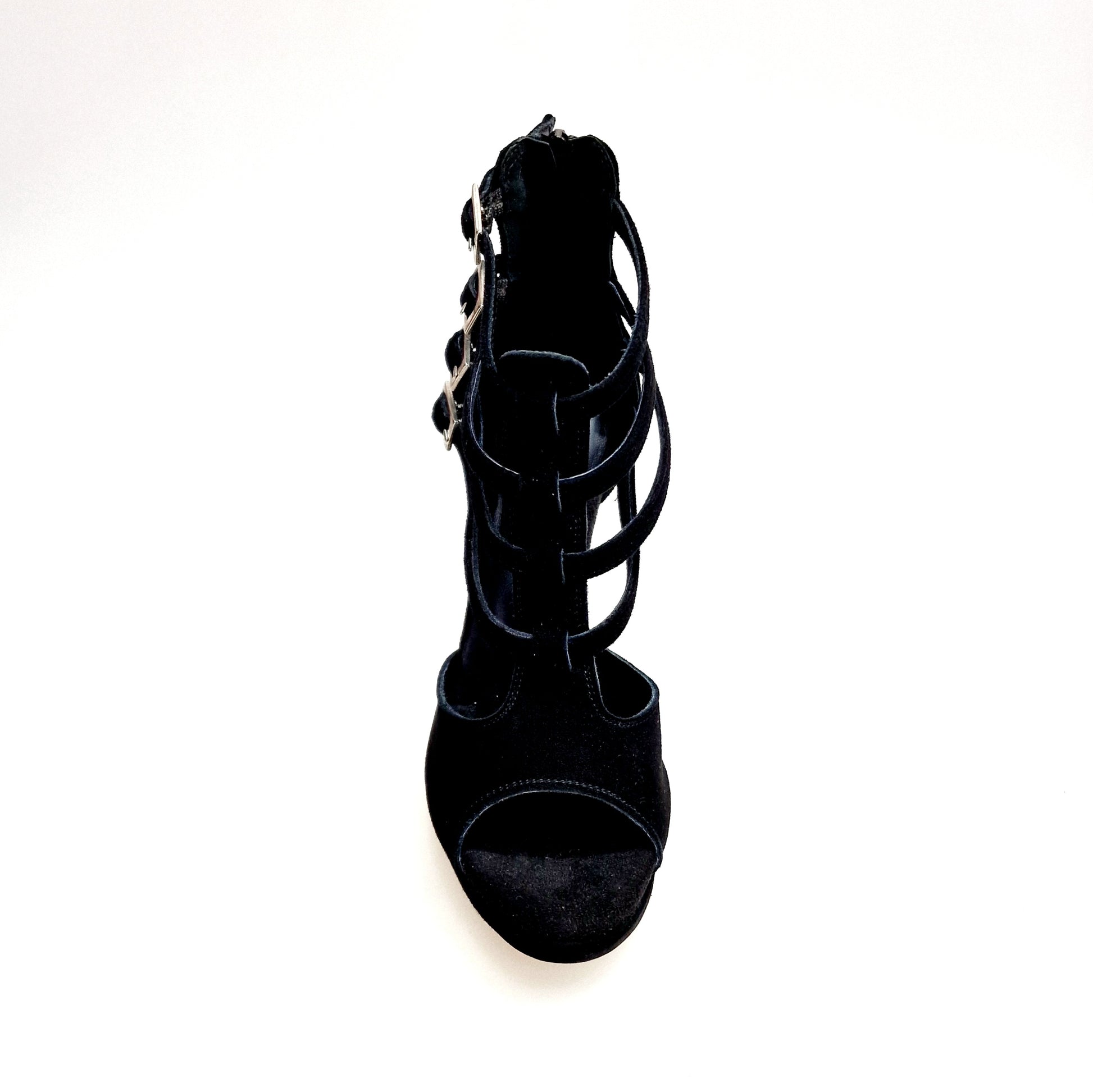 Scarpa da donna in camoscio nero con plateau e tacco a spillo, scarpa elegante Wish Dance Shop, vista frontale.