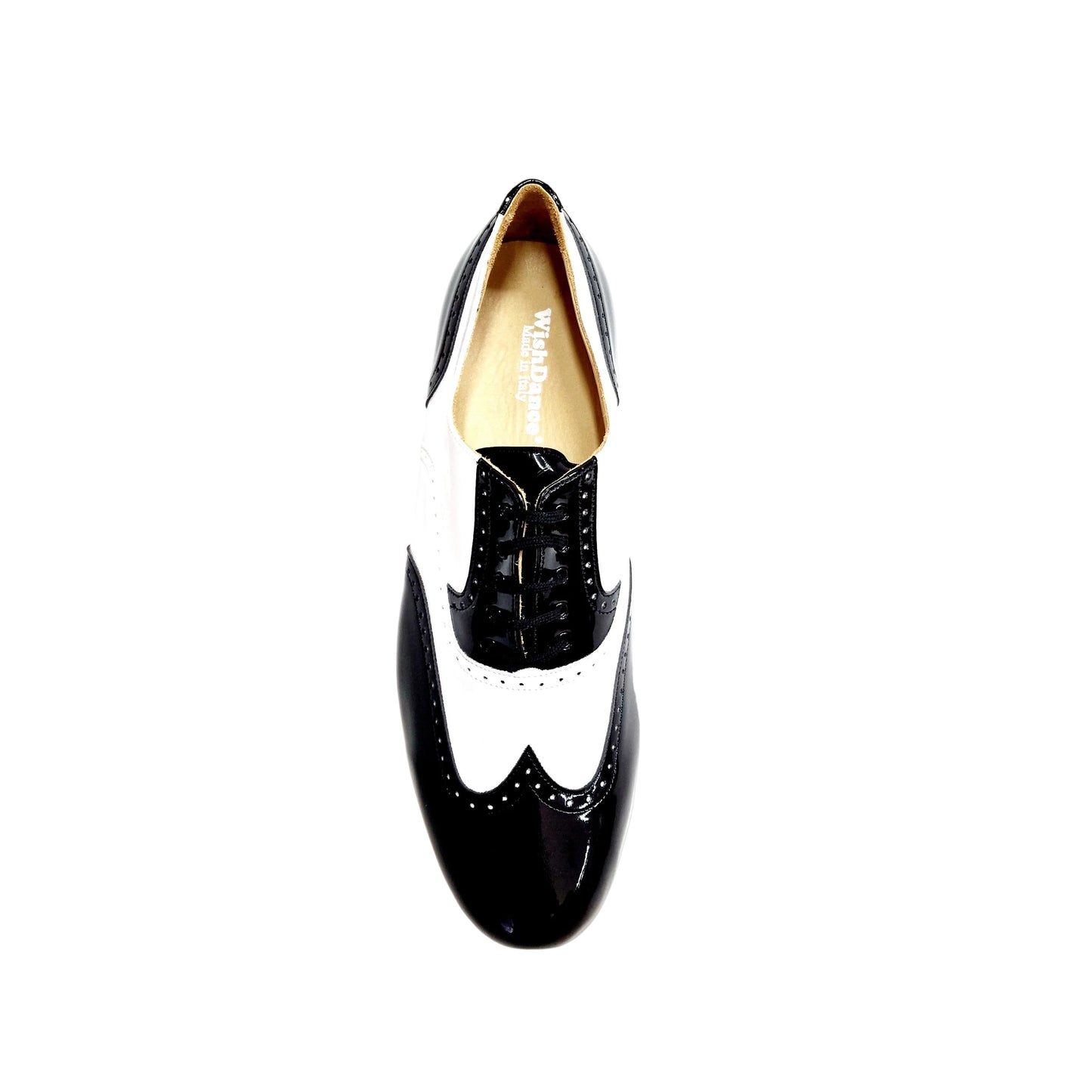 Scarpe stringate Adolfo Chicago Forata Wish Dance Shop in vernice nera e bianca con profili forati e coda di rondine.