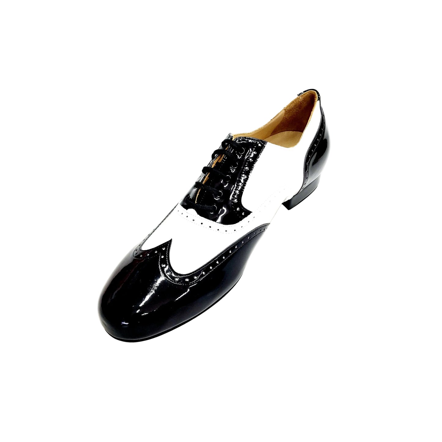 Scarpe stringate Oxford ADOLFO 811F Chicago Forata in vernice nera e bianca, con profili forati e coda di rondine, Wish Dance Shop