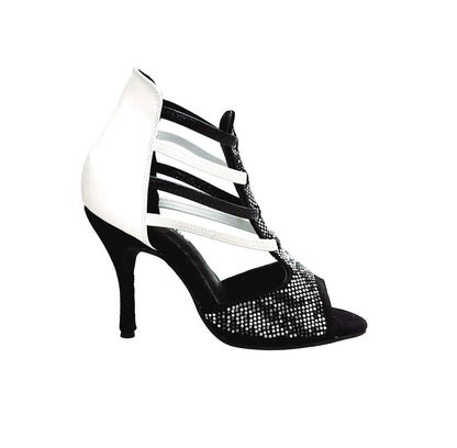 Sandalo da donna Viper Black/White Wish Dance Shop, camoscio nero, borchiette bianche, tacco a spillo rivestito, elastici in pelle bianca e nera.