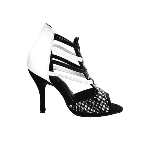 Sandalo da donna Viper Black/White Wish Dance Shop, camoscio nero, borchiette bianche, tacco a spillo rivestito, elastici in pelle bianca e nera.