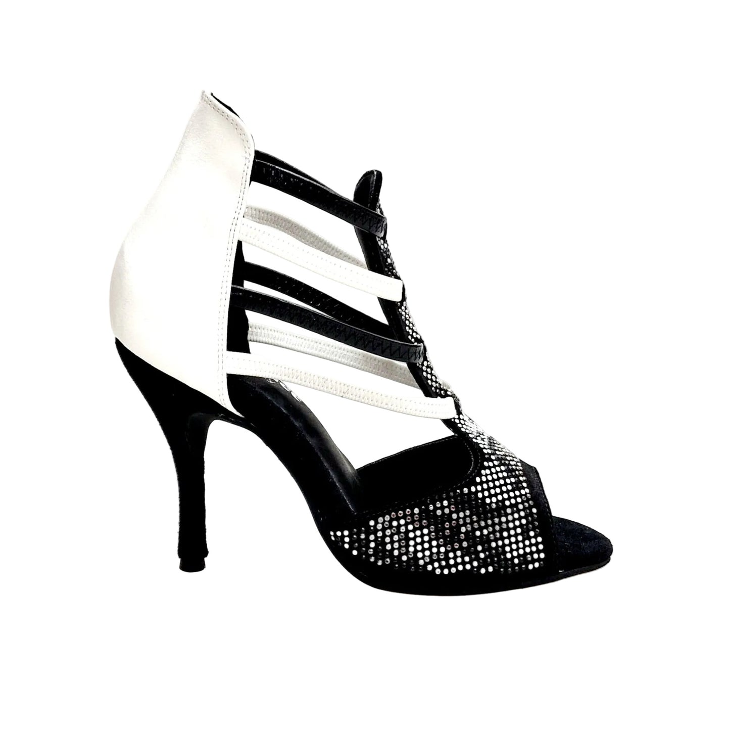 Sandalo donna Viper Black/White in camoscio nero con borchiette bianche, tallone in pelle bianca e tacco a spillo rivestito in pelle.