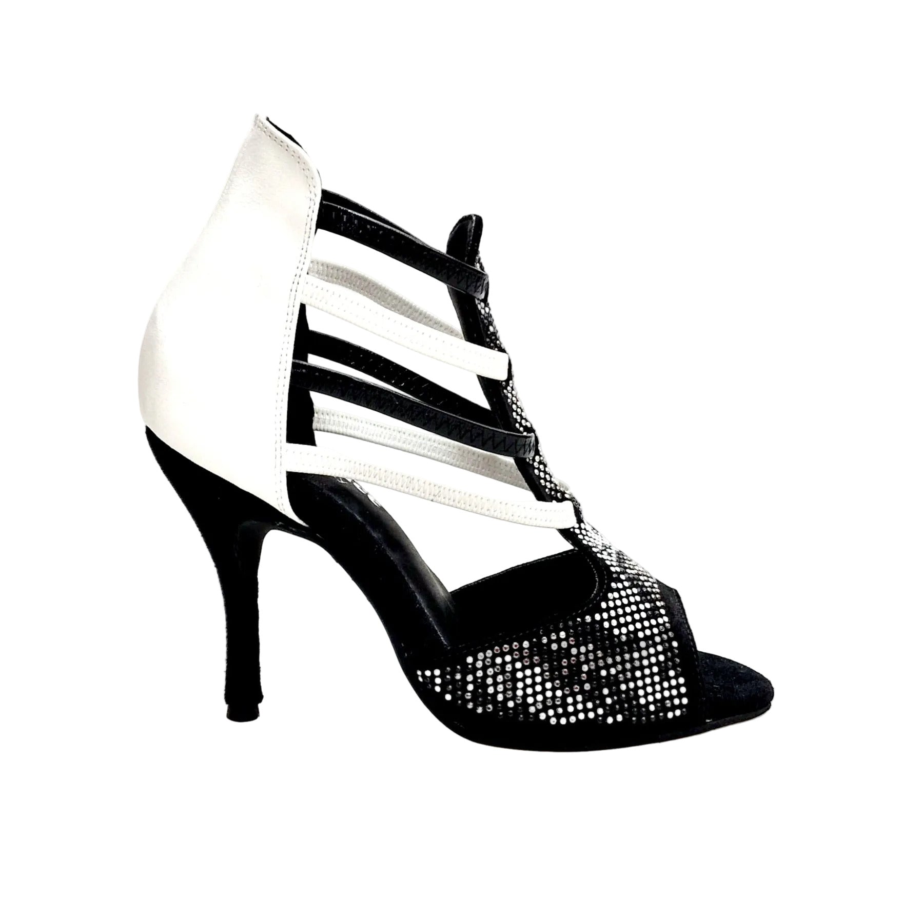 Sandalo donna Viper Black/White in camoscio nero con borchiette bianche, tallone in pelle bianca e tacco a spillo rivestito in pelle.