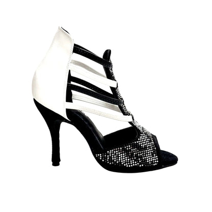 Sandalo donna Viper Black/White in camoscio nero con borchiette bianche, tallone in pelle bianca e tacco a spillo rivestito in pelle.