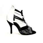 Load image into Gallery viewer, Viper Black/White (460PW) - Sandalo da Donna in Camoscio Nero Livrea Vipera con borchiette bianche e Grigio Specchio Tallone in Pelle Bianca Elastici in Pelle sia Bianchi che Neri con Tacco a Spillo Rivestito Pelle Bianca
