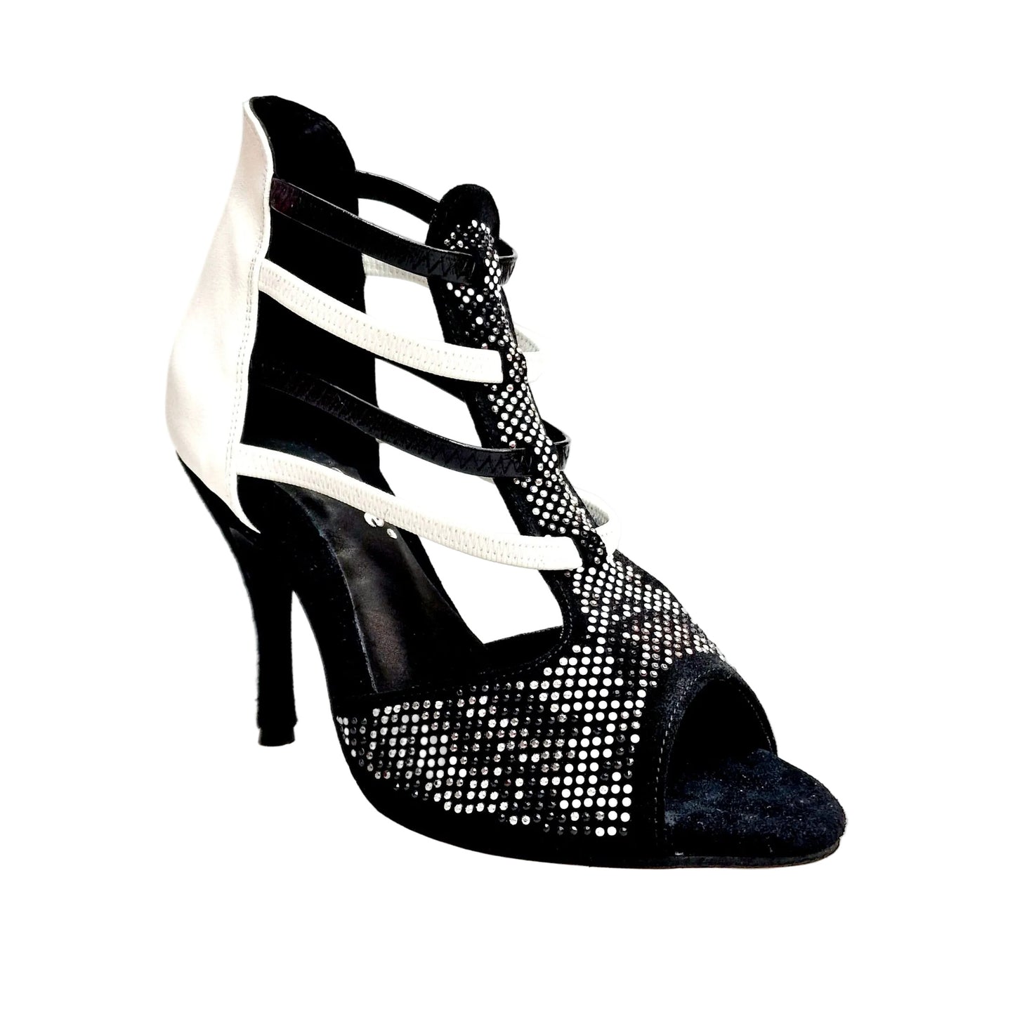 Sandalo da donna Viper Black/White Wish Dance Shop in camoscio nero, pelle bianca, dettagli borchiette bianche e tacco a spillo.