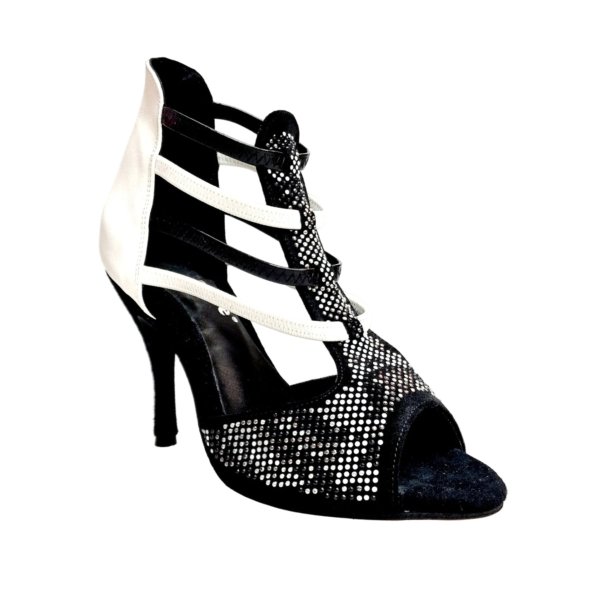 Sandalo da donna Viper Black/White Wish Dance Shop in camoscio nero, pelle bianca, dettagli borchiette bianche e tacco a spillo.