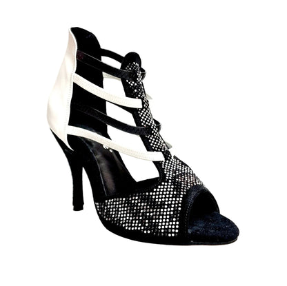 Sandalo da donna Viper Black/White Wish Dance Shop in camoscio nero, pelle bianca, dettagli borchiette bianche e tacco a spillo.