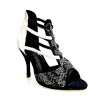 Load image into Gallery viewer, Viper Black/White (460PW) - Sandalo da Donna in Camoscio Nero Livrea Vipera con borchiette bianche e Grigio Specchio Tallone in Pelle Bianca Elastici in Pelle sia Bianchi che Neri con Tacco a Spillo Rivestito Pelle Bianca
