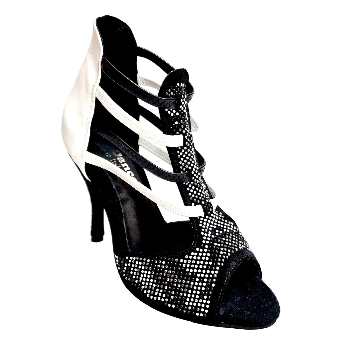 Sandalo donna Viper Black/White in camoscio con borchiette bianche, tacco a spillo rivestito, elastici in pelle bianca e nera.