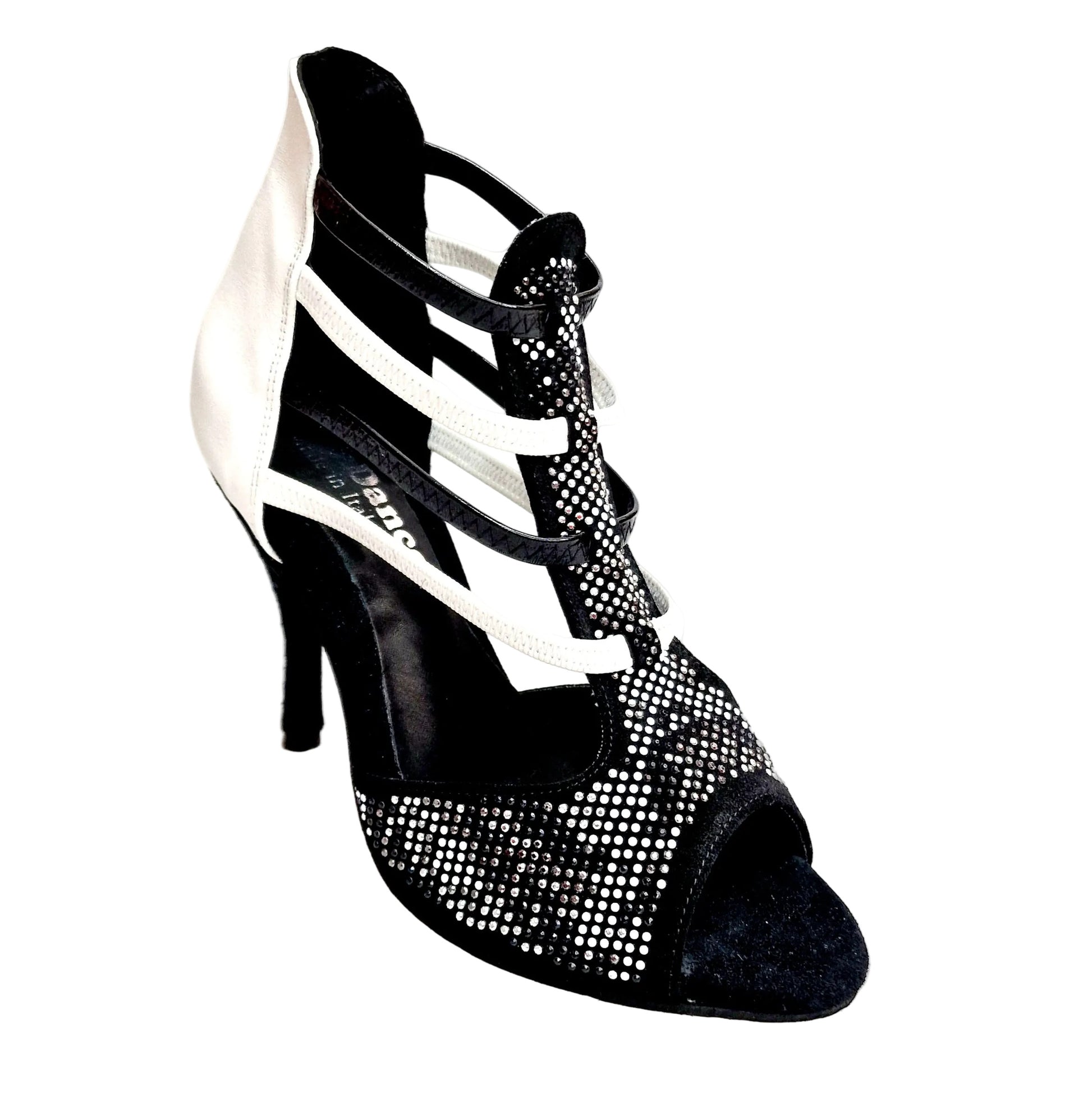 Sandalo donna Viper Black/White in camoscio con borchiette bianche, tacco a spillo rivestito, elastici in pelle bianca e nera.