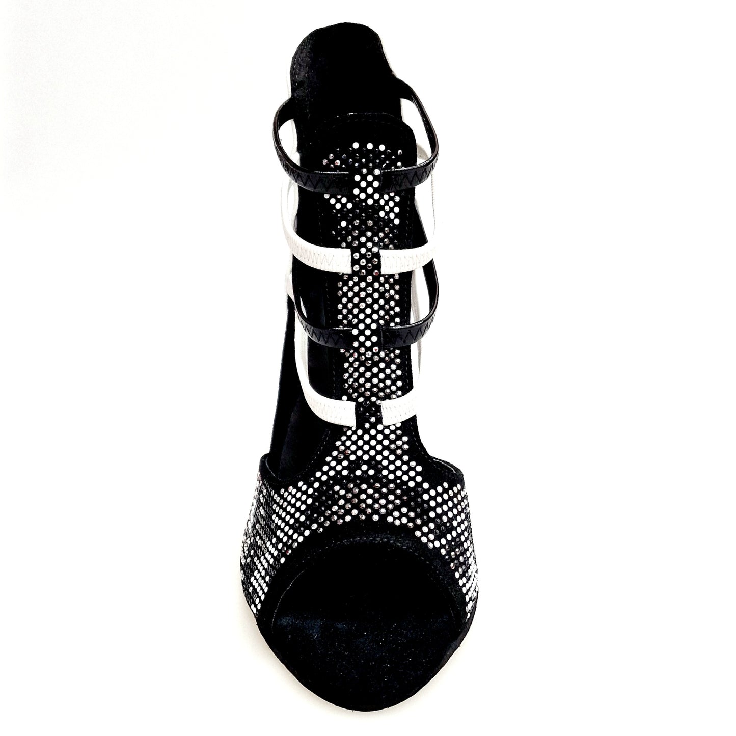 Sandalo donna Viper Black/White Wish Dance Shop in camoscio nero con borchiette bianche, tacco rivestito in pelle bianca e elastici in pelle.