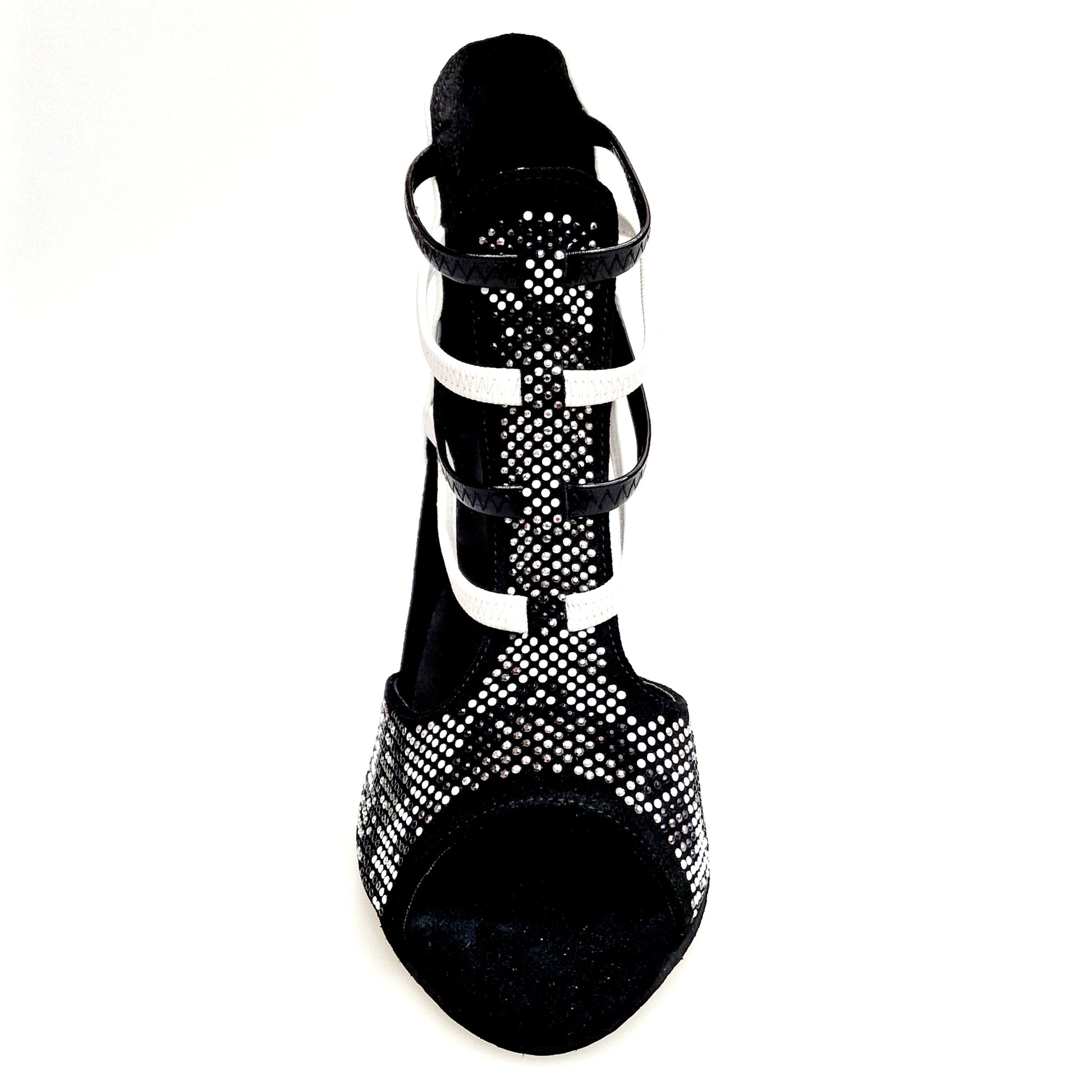 Sandalo donna Viper Black/White Wish Dance Shop in camoscio nero con borchiette bianche, tacco rivestito in pelle bianca e elastici in pelle.