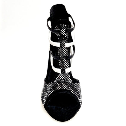 Sandalo donna Viper Black/White Wish Dance Shop in camoscio nero con borchiette bianche, tacco rivestito in pelle bianca e elastici in pelle.