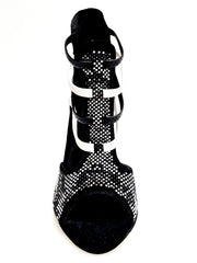 Carica immagine nella Galleria, Viper Black/White (460PW) - Sandalo da Donna in Camoscio Nero Livrea Vipera con borchiette bianche e Grigio Specchio Tallone in Pelle Bianca Elastici in Pelle sia Bianchi che Neri con Tacco a Spillo Rivestito Pelle Bianca
