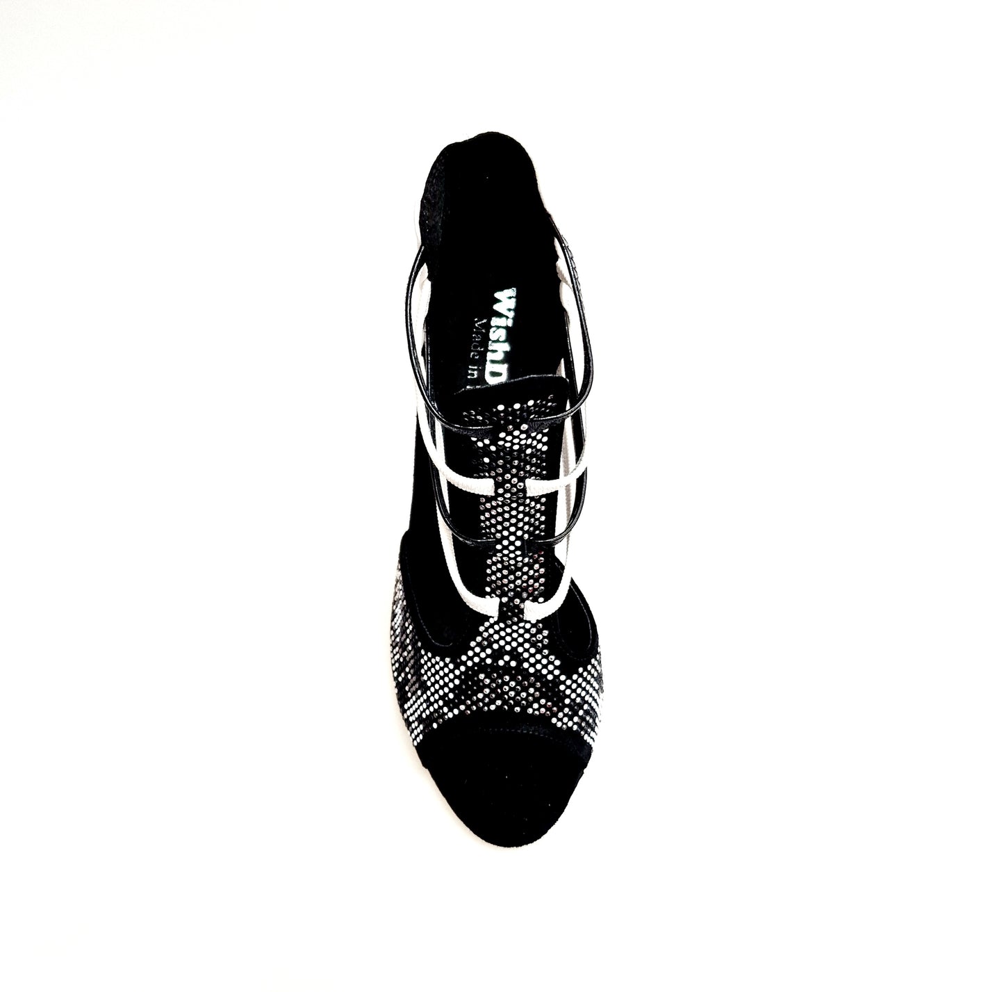Sandalo donna Wish Dance Shop Viper Black/White, camoscio nero con borchiette bianche, tacco a spillo rivestito e elastici in pelle.