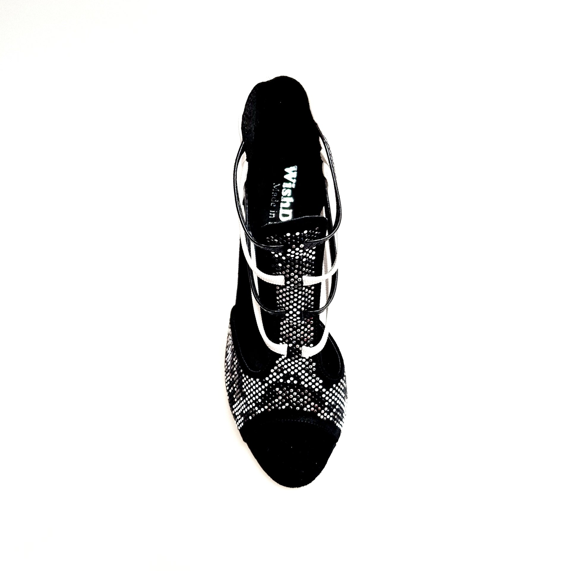 Sandalo donna Wish Dance Shop Viper Black/White, camoscio nero con borchiette bianche, tacco a spillo rivestito e elastici in pelle.