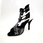 Load image into Gallery viewer, Viper Black/White (460PW) - Sandalo da Donna in Camoscio Nero Livrea Vipera con borchiette bianche e Grigio Specchio Tallone in Pelle Bianca Elastici in Pelle sia Bianchi che Neri con Tacco a Spillo Rivestito Pelle Bianca
