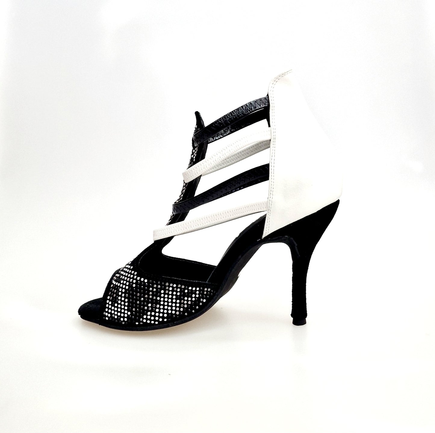 Sandalo da donna Wish Dance Shop Viper Black/White in camoscio nero con borchiette bianche, tacco a spillo rivestito in pelle bianca.
