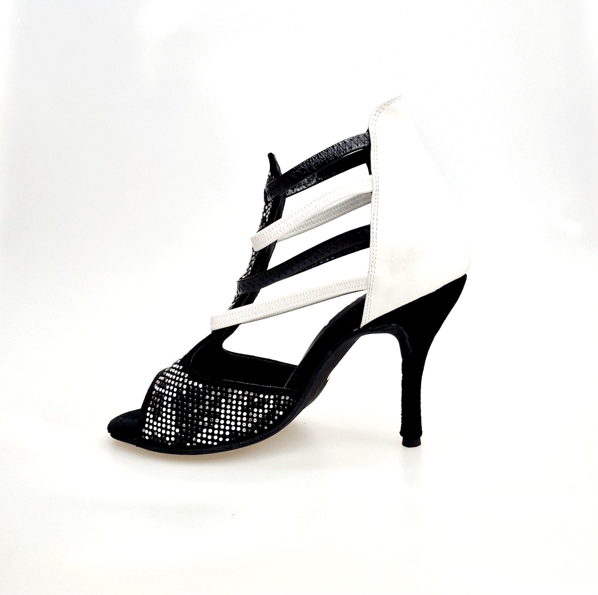 Sandalo da donna Wish Dance Shop Viper Black/White in camoscio nero con borchiette bianche, tacco a spillo rivestito in pelle bianca.