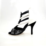 Load image into Gallery viewer, Viper Black/White (460PW) - Sandalo da Donna in Camoscio Nero Livrea Vipera con borchiette bianche e Grigio Specchio Tallone in Pelle Bianca Elastici in Pelle sia Bianchi che Neri con Tacco a Spillo Rivestito Pelle Bianca
