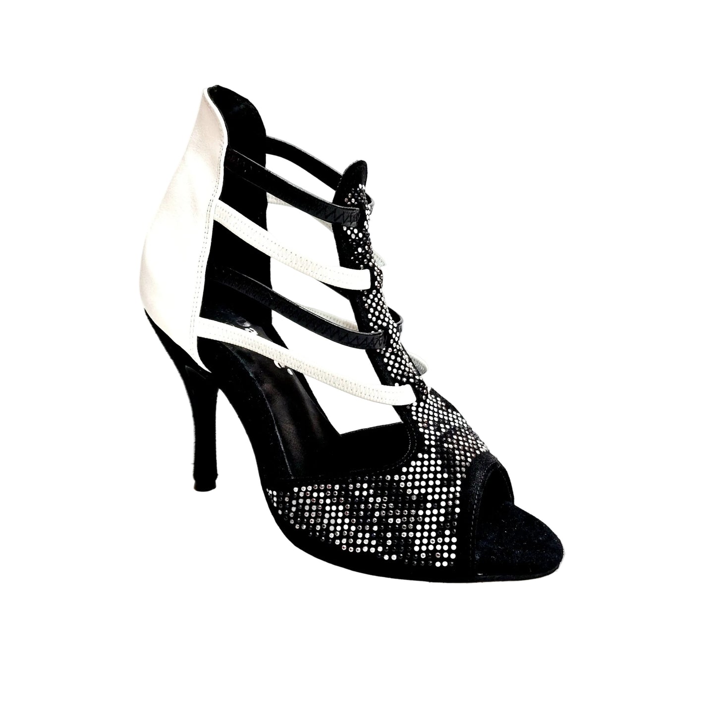 Sandalo donna Viper Black/White in camoscio nero con borchiette bianche, tacco a spillo rivestito in pelle bianca, elastici in pelle bianca e nera