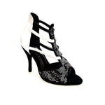 Load image into Gallery viewer, Viper Black/White (460PW) - Sandalo da Donna in Camoscio Nero Livrea Vipera con borchiette bianche e Grigio Specchio Tallone in Pelle Bianca Elastici in Pelle sia Bianchi che Neri con Tacco a Spillo Rivestito Pelle Bianca
