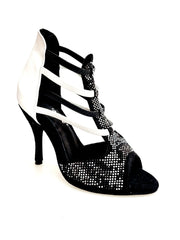 Carica immagine nella Galleria, Viper Black/White (460PW) - Sandalo da Donna in Camoscio Nero Livrea Vipera con borchiette bianche e Grigio Specchio Tallone in Pelle Bianca Elastici in Pelle sia Bianchi che Neri con Tacco a Spillo Rivestito Pelle Bianca
