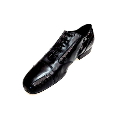 Scarpa da uomo Milo di Wish Dance in pelle morbida nera e vernice nera, punta squadrata, elegante e versatile