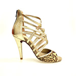 Load image into Gallery viewer, Megan (161P) - Sandalo da Donna in Pelle Oro con Tomaia Anteriore in Maculato con Tacco a Spillo Largo
