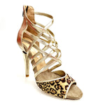 Load image into Gallery viewer, Megan (161P) - Sandalo da Donna in Pelle Oro con Tomaia Anteriore in Maculato con Tacco a Spillo Largo
