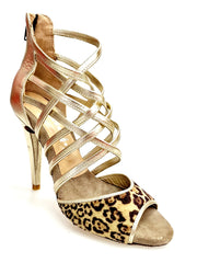 Load image into Gallery viewer, Megan (161P) - Sandalo da Donna in Pelle Oro con Tomaia Anteriore in Maculato con Tacco a Spillo Largo
