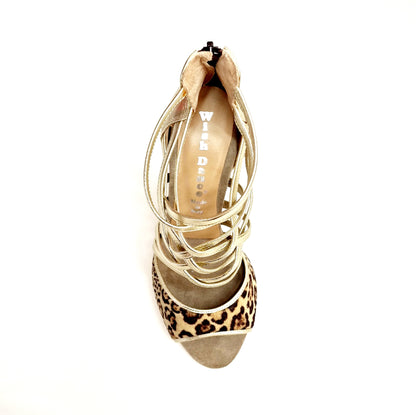 Sandalo donna Wishdance Megan 161P in pelle oro con tomaia maculato e tacco a spillo largo, scarpa elegante e alla moda