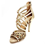 Load image into Gallery viewer, Megan (161P) - Sandalo da Donna in Pelle Oro con Tomaia Anteriore in Maculato con Tacco a Spillo Largo
