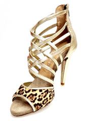 Load image into Gallery viewer, Megan (161P) - Sandalo da Donna in Pelle Oro con Tomaia Anteriore in Maculato con Tacco a Spillo Largo
