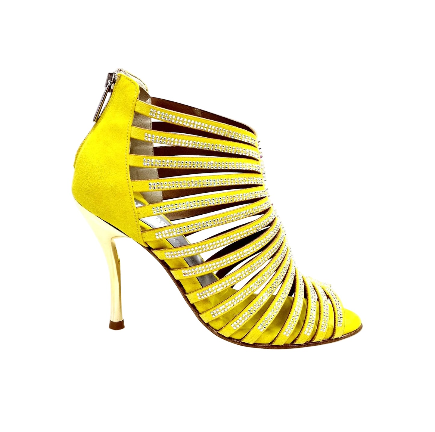 Sandalo a tronchetto da donna ElsY Plus L7 in morbido camoscio giallo con Swarovski Boreali e tacco a spillo laminato oro