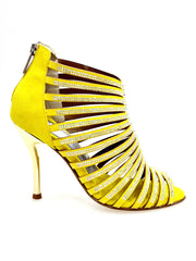 Carica immagine nella Galleria, ELSY Plus (L7) - Sandalo a Tronchetto Da Donna in Morbido Camoscio Giallo Con Swarovski Boreali e Tacco a Spillo Laminato Oro
